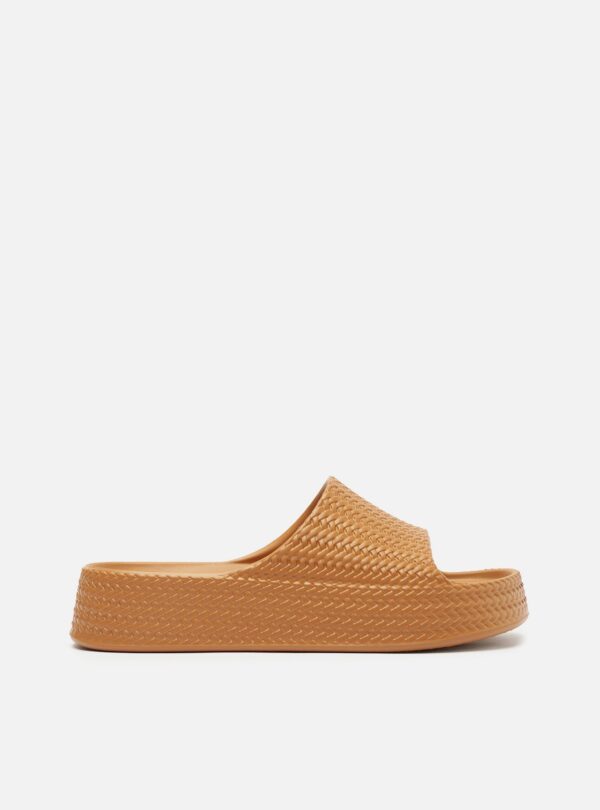 Slide Marrom Camel Tresse Flatform Tira